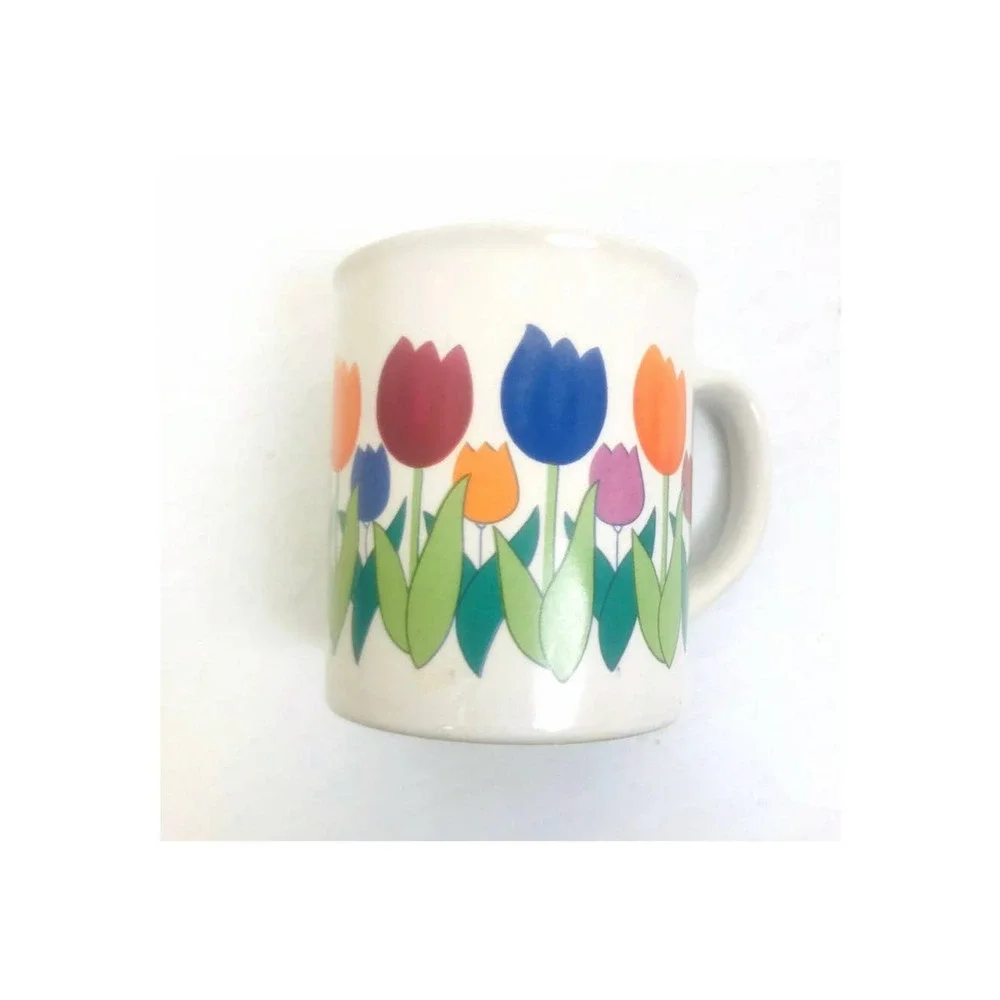 Vintage Coffee Mug Tulips Spring Flowers Cup Blue Red Green Yellow